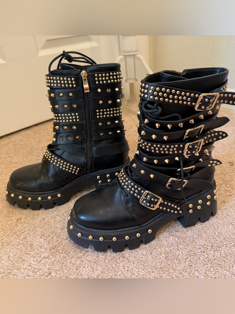 Black Studded Combat Boots with Buckle Straps